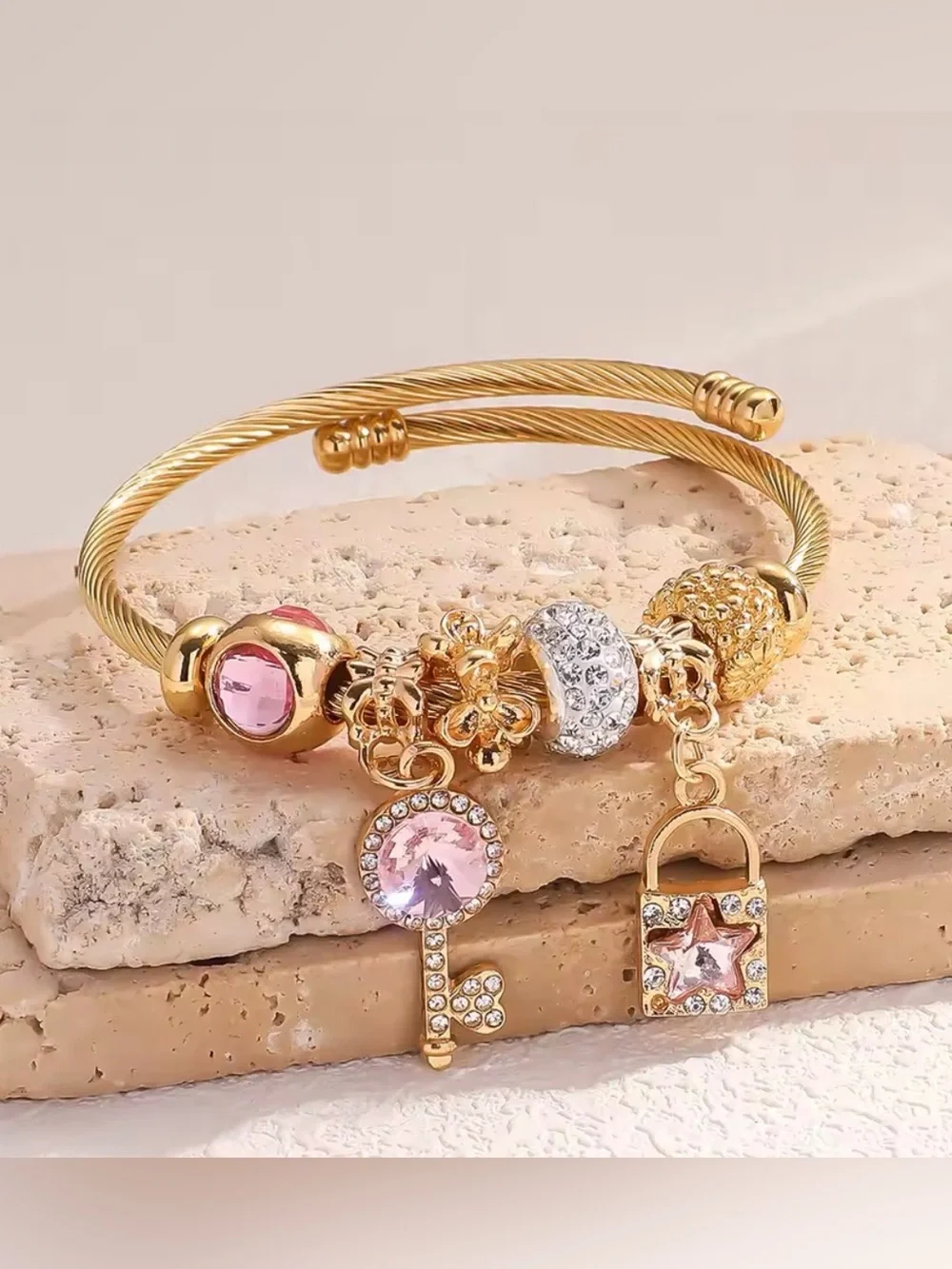 New! Gold Bracelet with Pink and Clear Crystal Charms